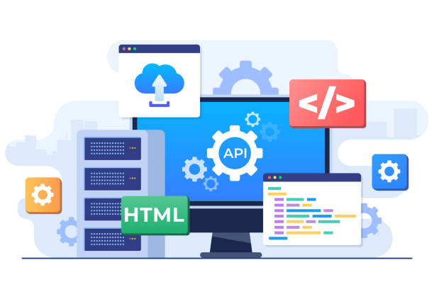 application programming interface concept, api provides the interface for communication between applications, software development tool, internet and networking, simplifying application integration - 系統(tǒng)軟件 幅插畫檔、美工圖案、卡通及圖標