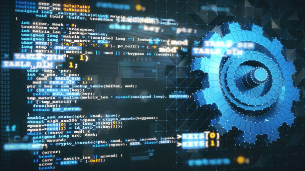 virtual reality computer design and development concept with c/c++ programming language code, computer data and a blue 3d mesh gear model blueprint. - 系統軟件開發(fā) 個照片及圖片檔