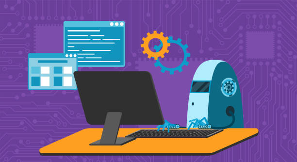 automated work of software, business project development, robot using keyboard at table - 系統(tǒng)軟件開發(fā) 幅插畫檔、美工圖案、卡通及圖標(biāo)